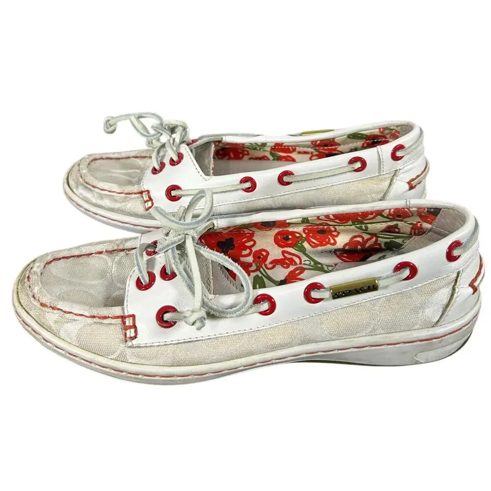 Preowned COACH boat shoe slip on- Sz 6M some overall wear- beige with red accent